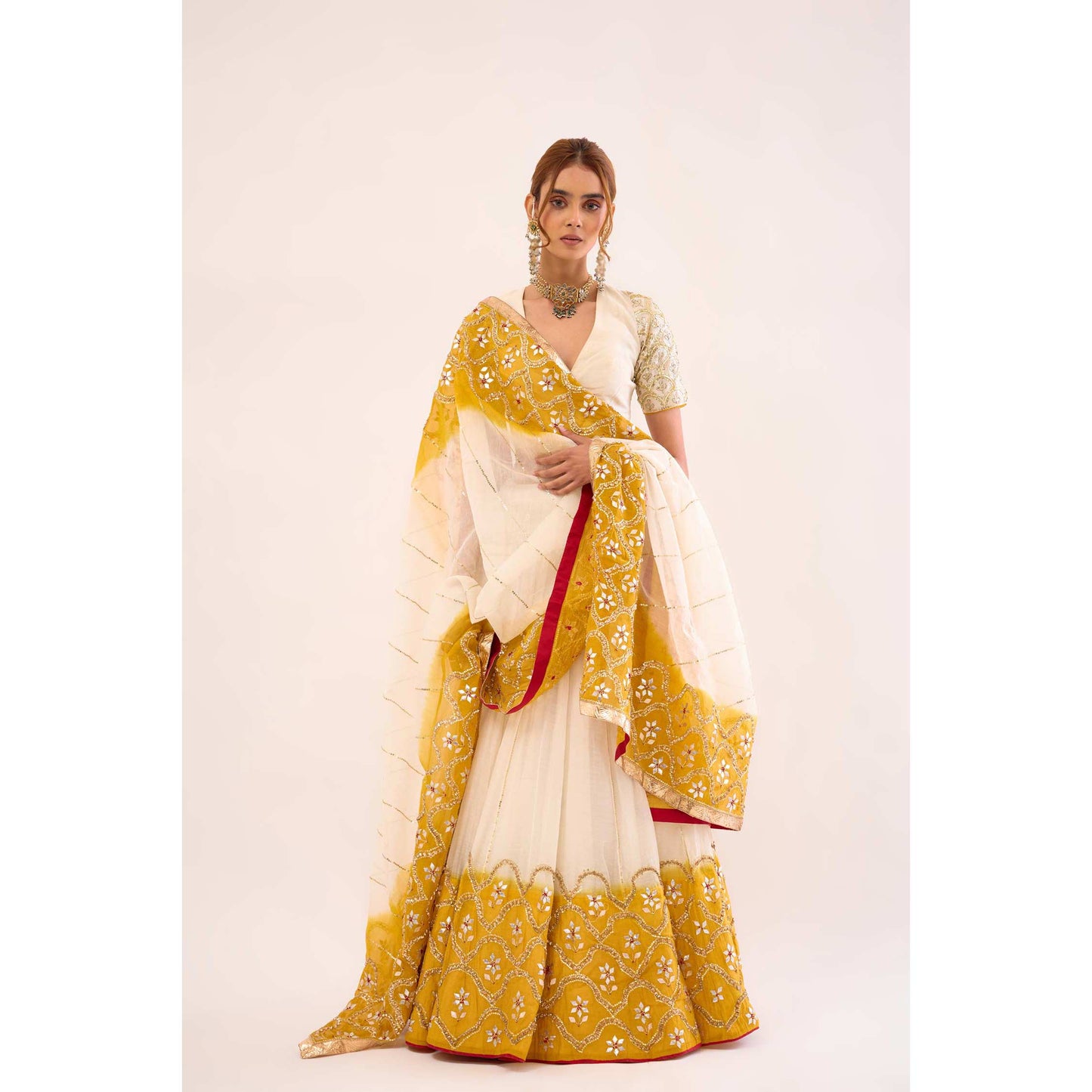 Indrani Lehenga Halka Safed and Peela