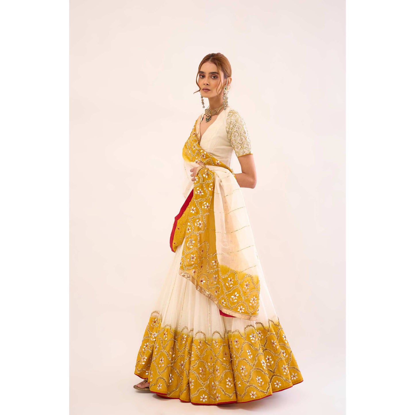 Indrani Lehenga Halka Safed and Peela