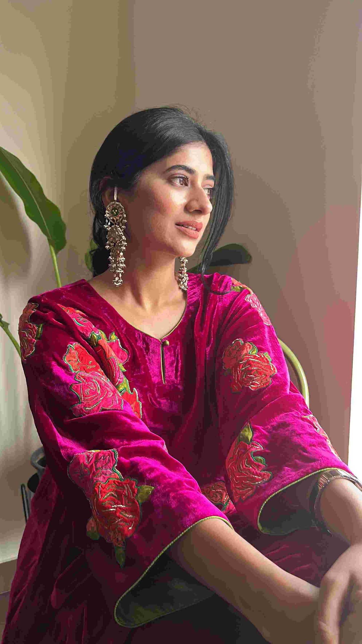 Magenta makhmal and patchwork joda