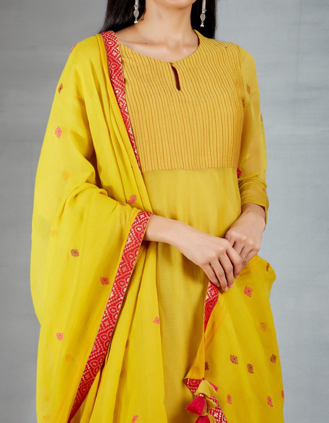 Dhakai joda in Mustard and Red
