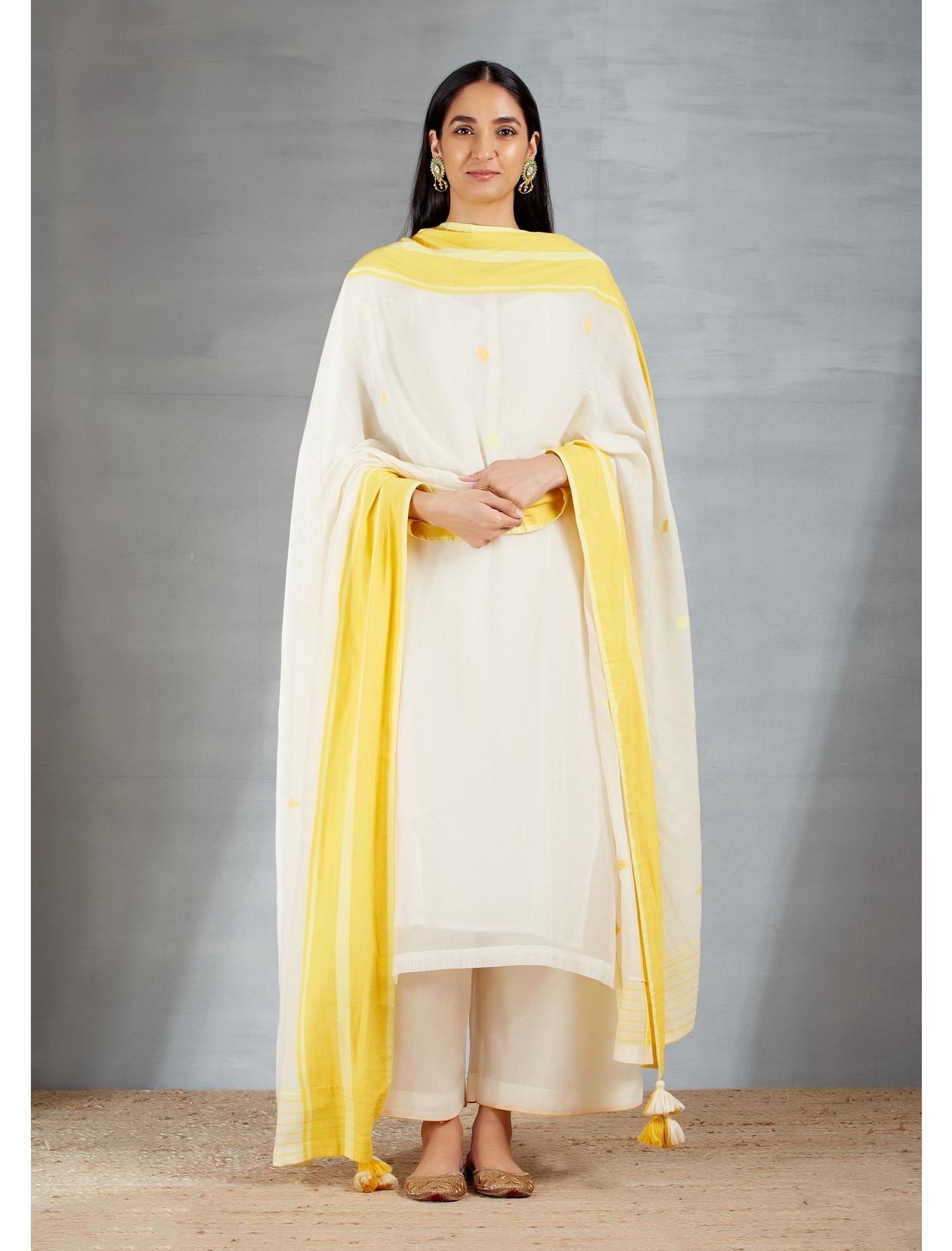 Dhakai joda in Cream and Yellow