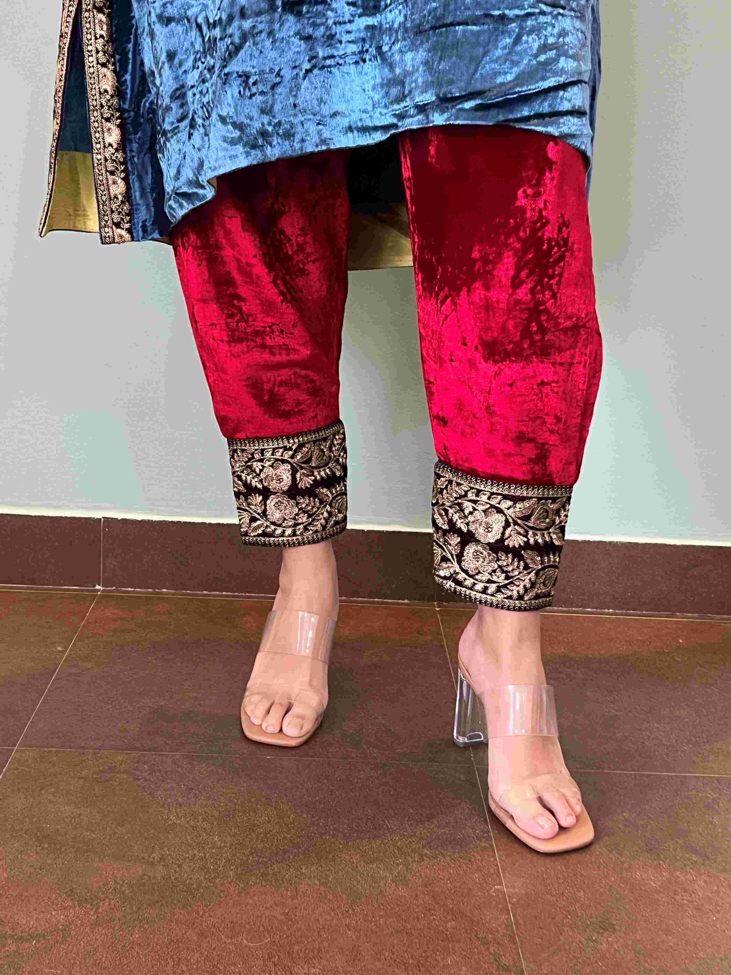 Blue makhmal and red Ikkat joda