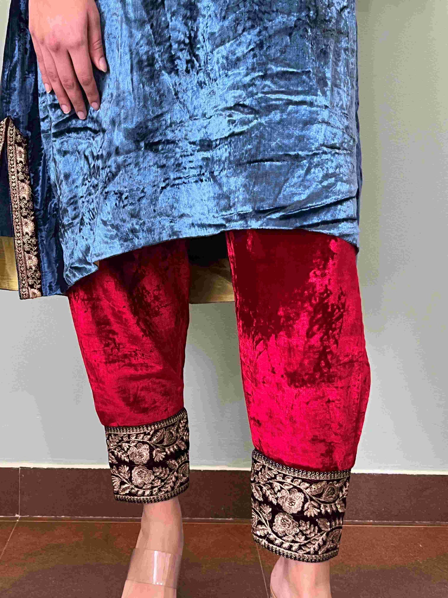 Blue makhmal and red Ikkat joda