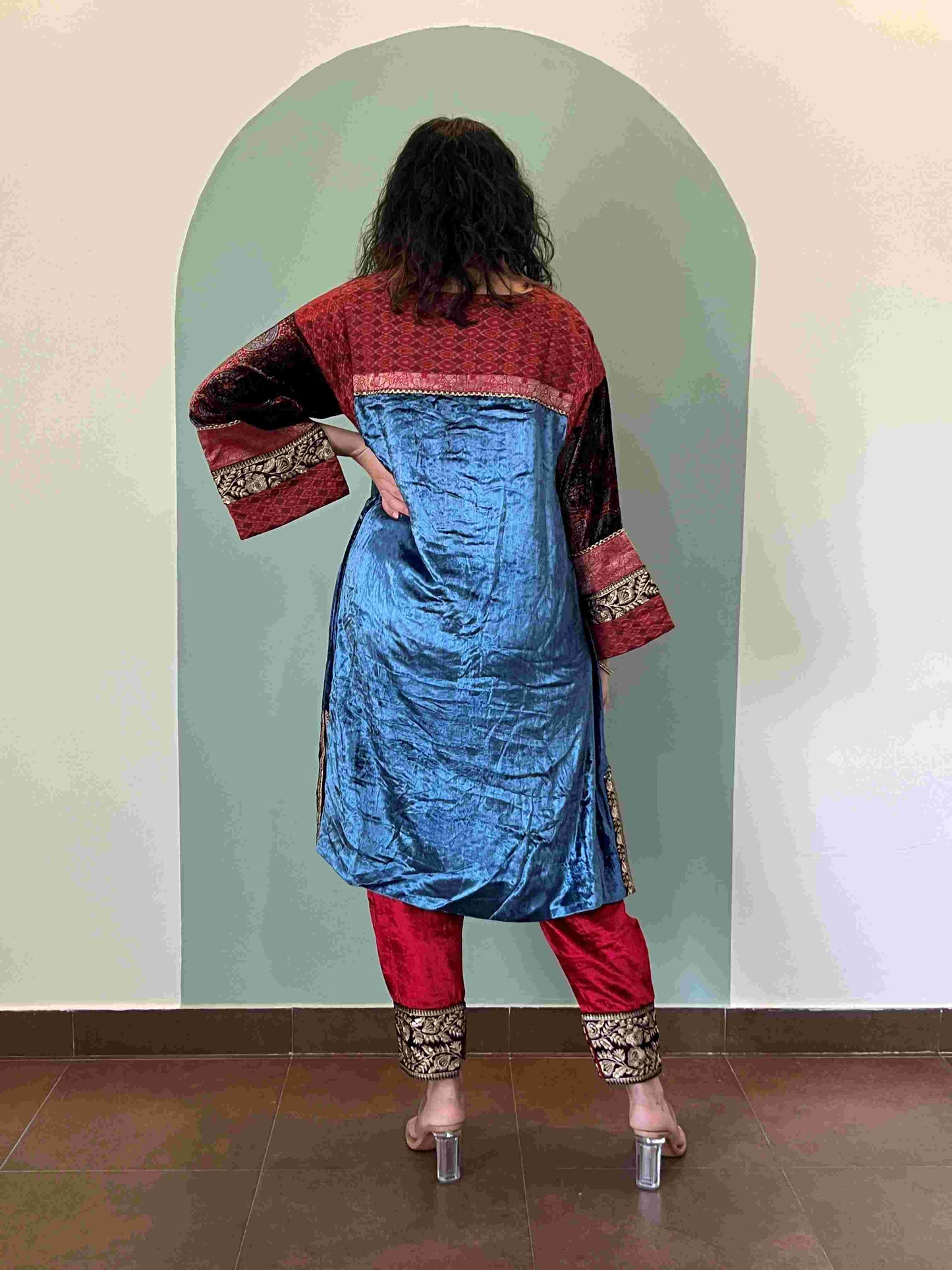 Blue makhmal and red Ikkat joda
