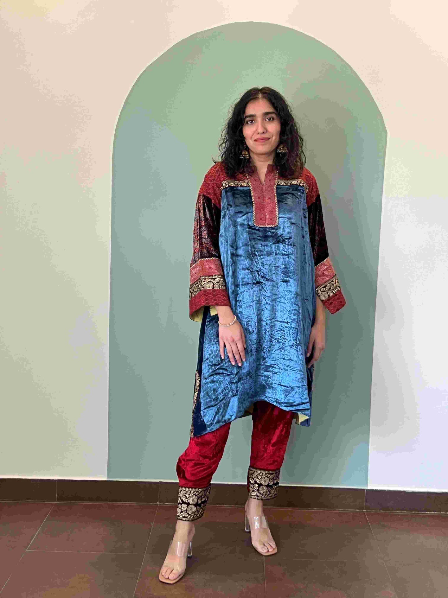 Blue makhmal and red Ikkat joda