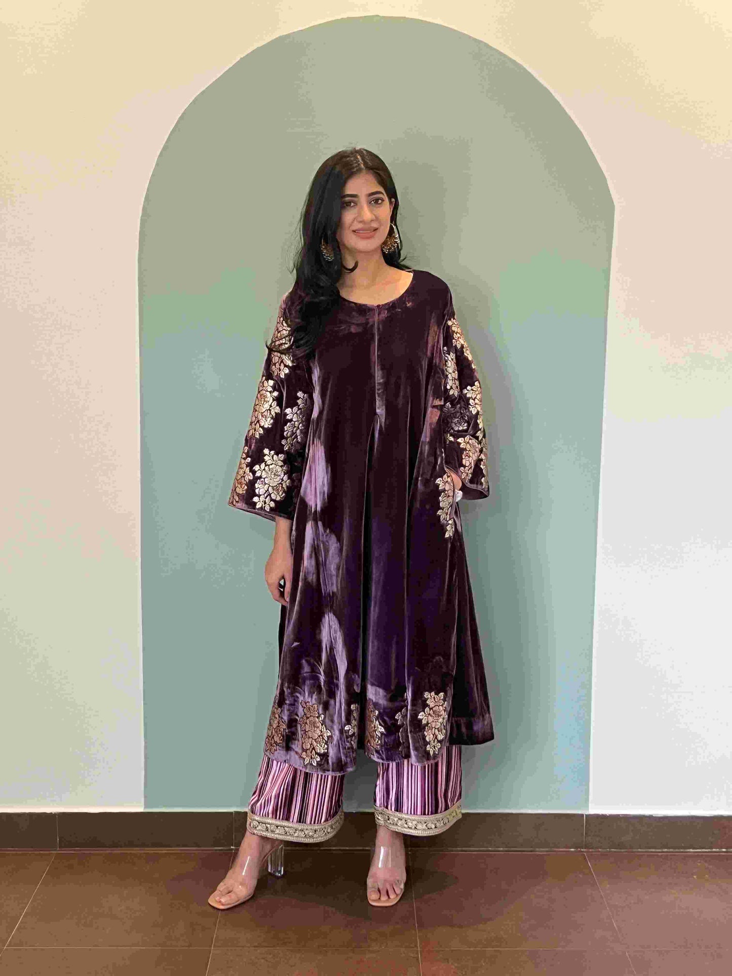Jamuni makhmal with gold patchwork embroidery
