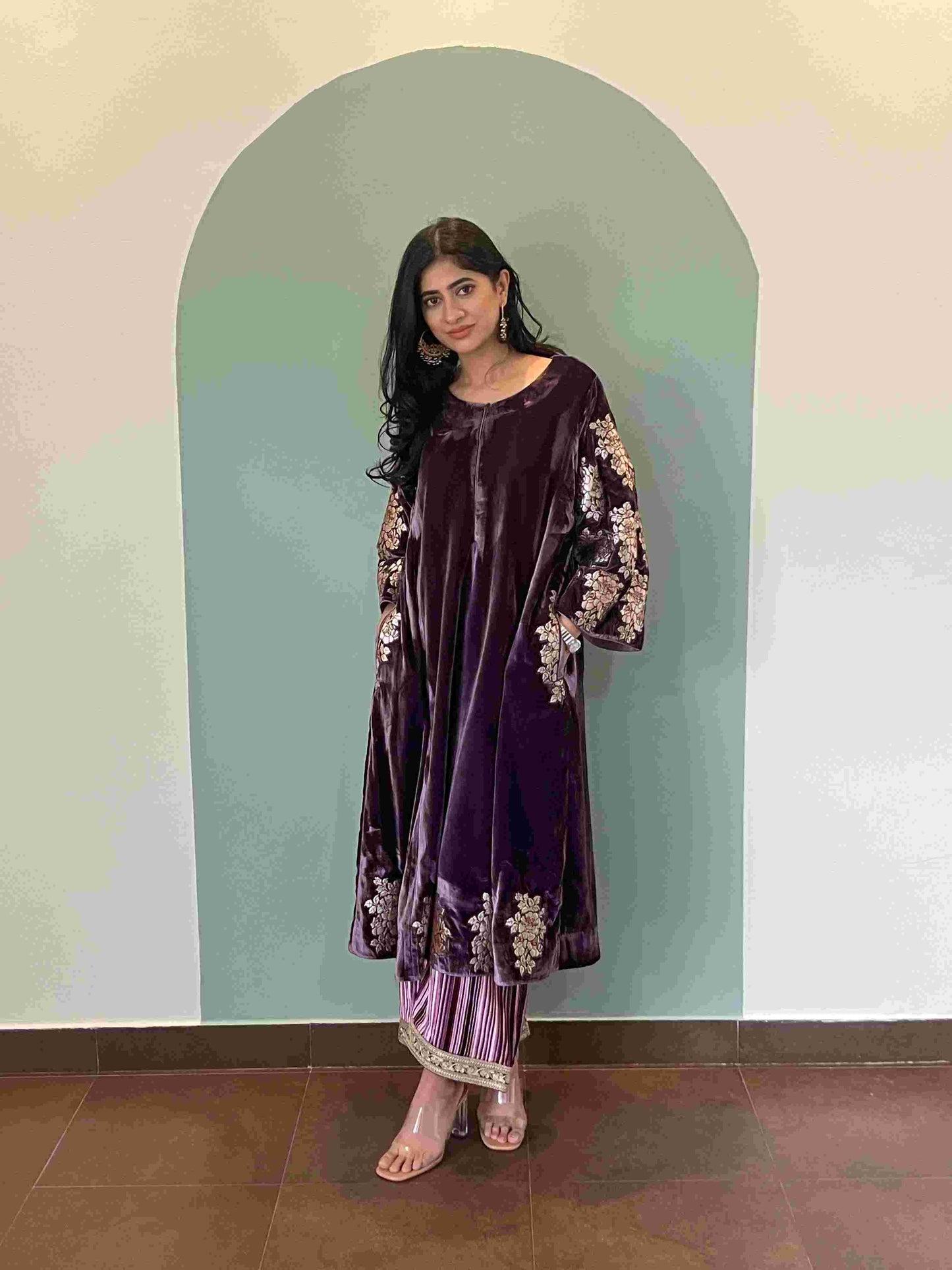 Jamuni makhmal with gold patchwork embroidery