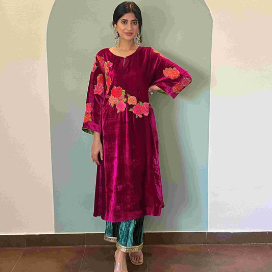 Magenta makhmal and patchwork joda