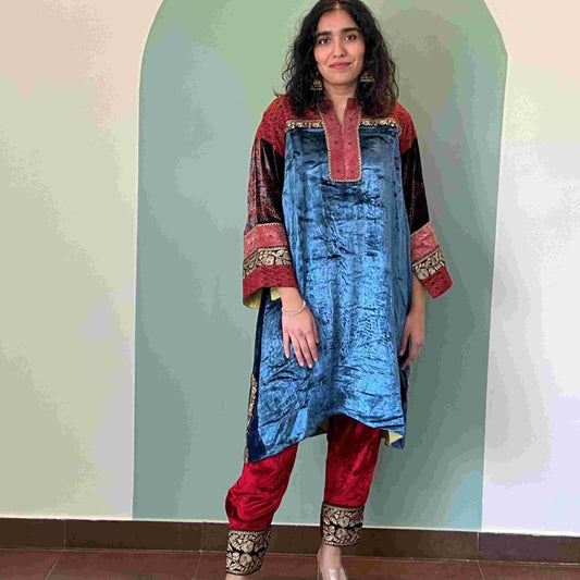 Blue makhmal and red Ikkat joda